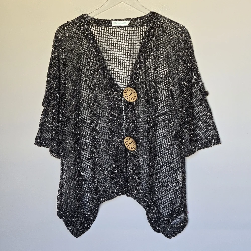 LULU-B Open Weave Mesh Cardigan Top Large Buttons Lagenlook Black Cream Size L